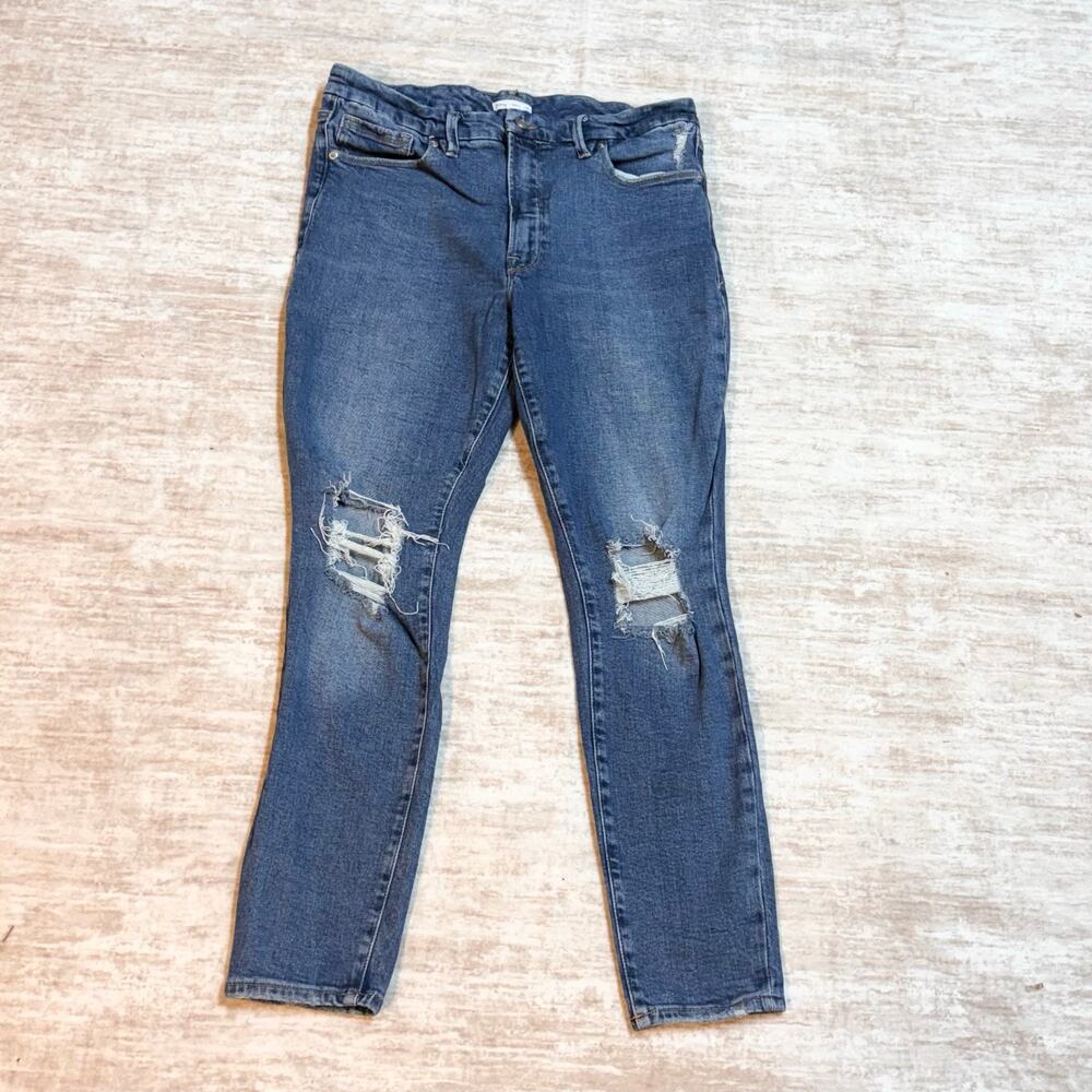 Good American Womens 14 32 Blue Skinny Jeans Distressed Holes Stretch Basic Fall